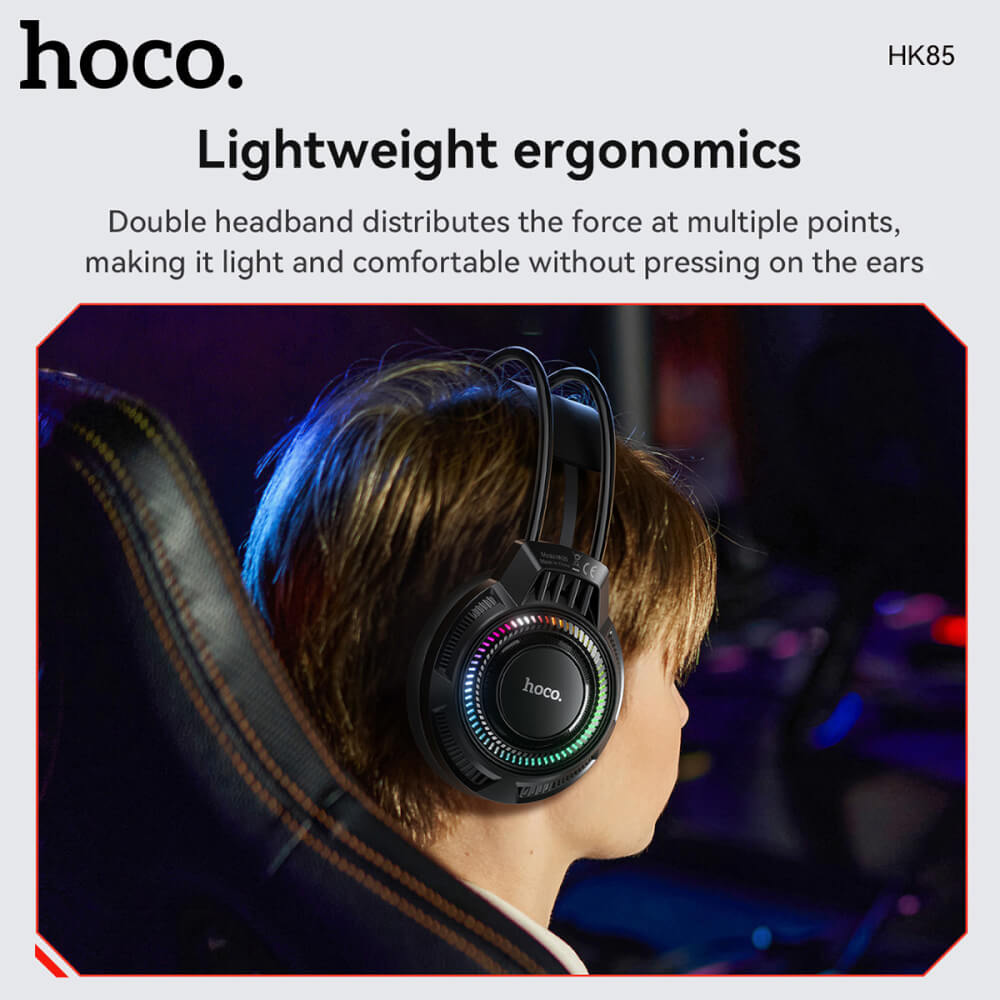 หูฟังเกมมิ่ง HOCO HK85 ดอกลำโพง 40MM ไมโครโฟน HD ถอดออกได้ แต่งไฟ RGB สายแจ็ค USB ยาว 2 เมตร